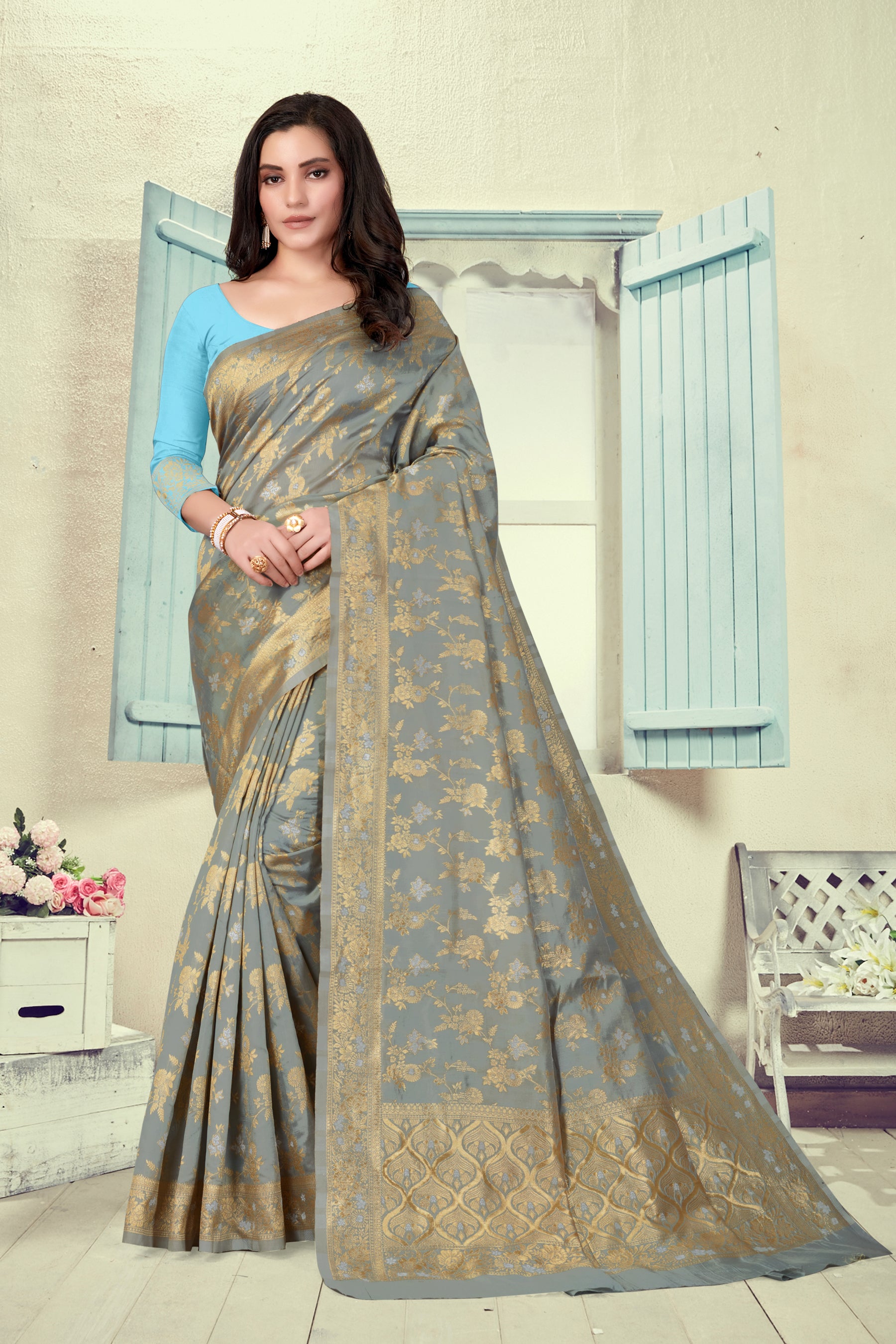 Vedant Vastram Litchi Silk Designer Banarasi Saree - Grey - Distacart