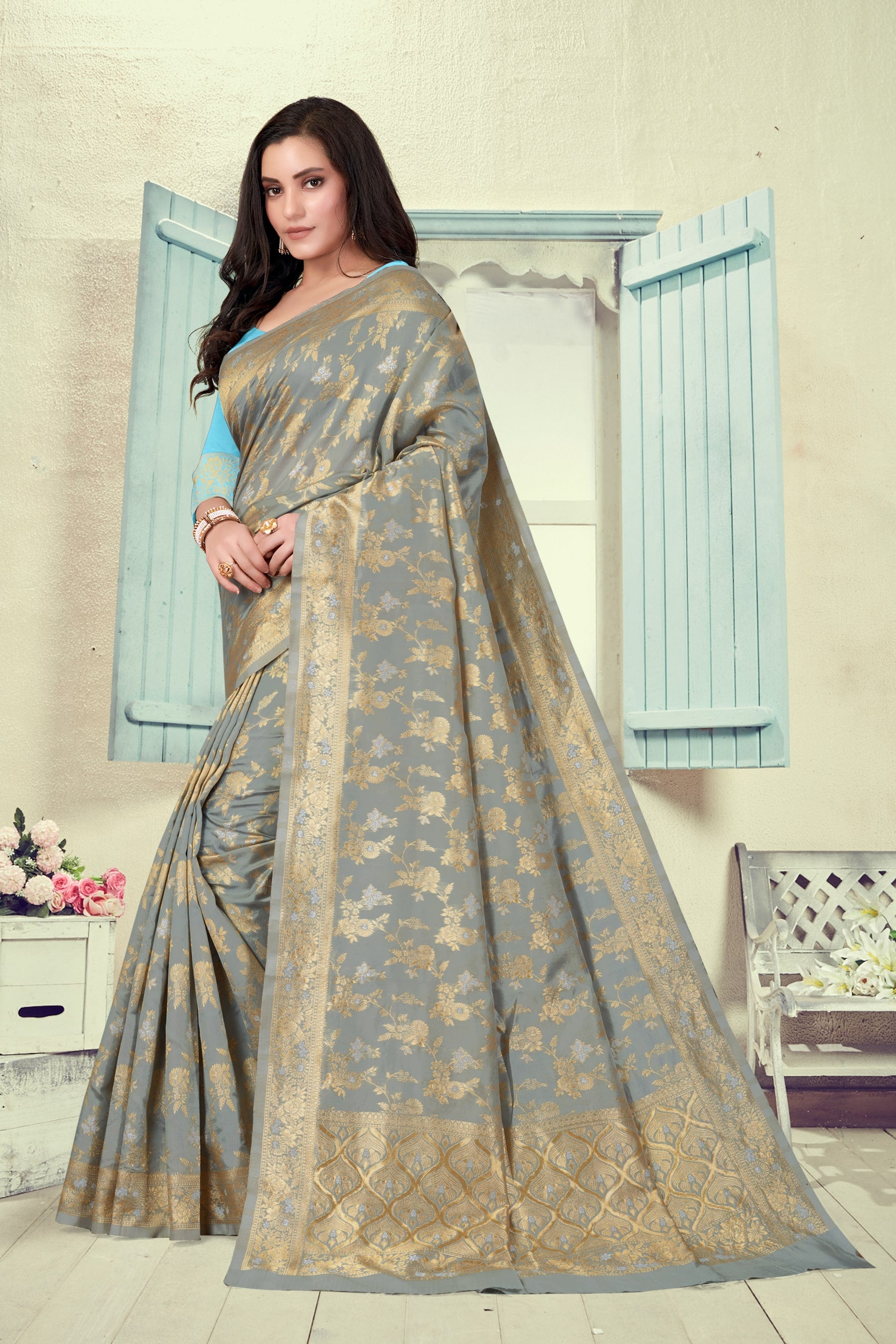 Vedant Vastram Litchi Silk Designer Banarasi Saree - Grey - Distacart