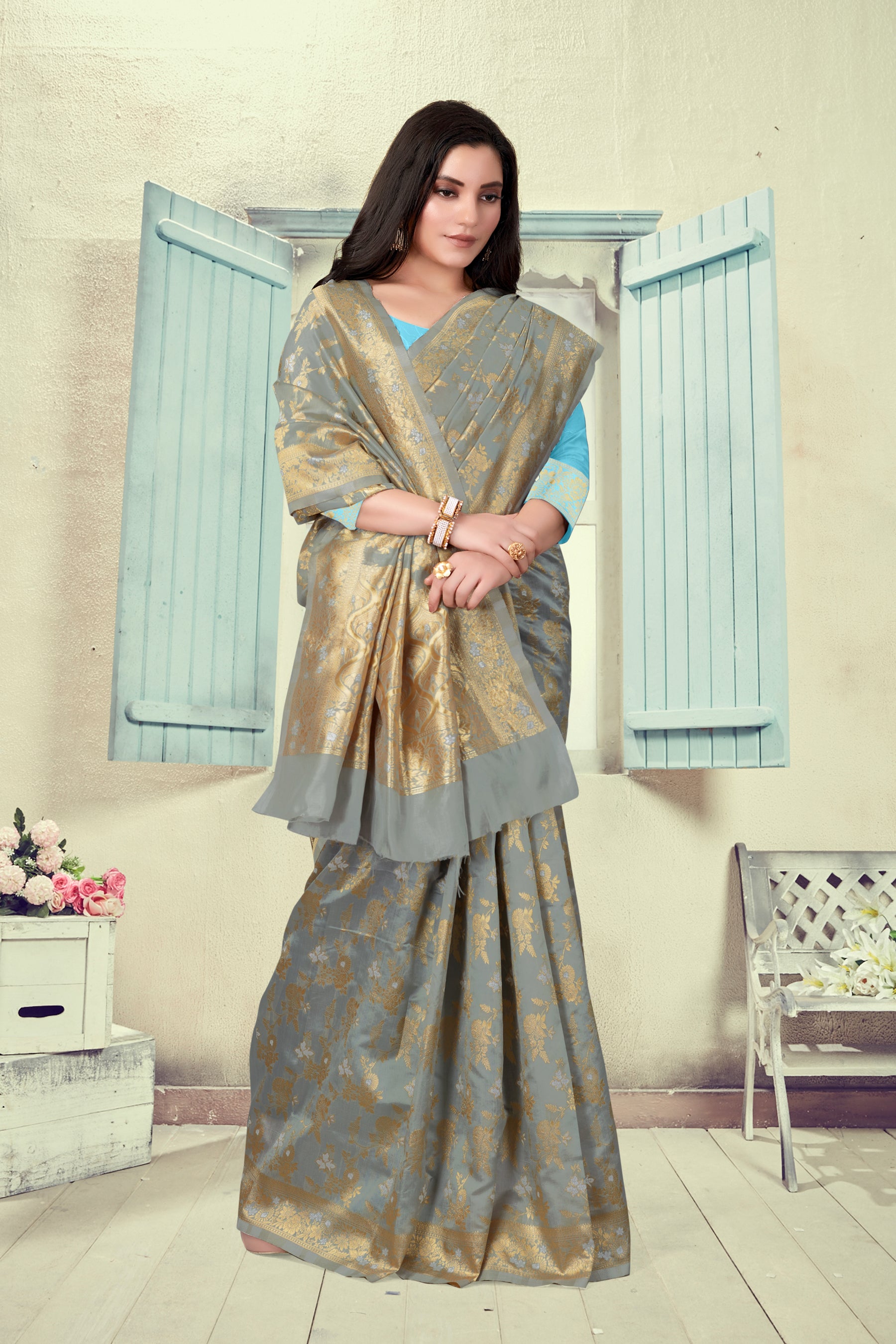 Vedant Vastram Litchi Silk Designer Banarasi Saree - Grey - Distacart