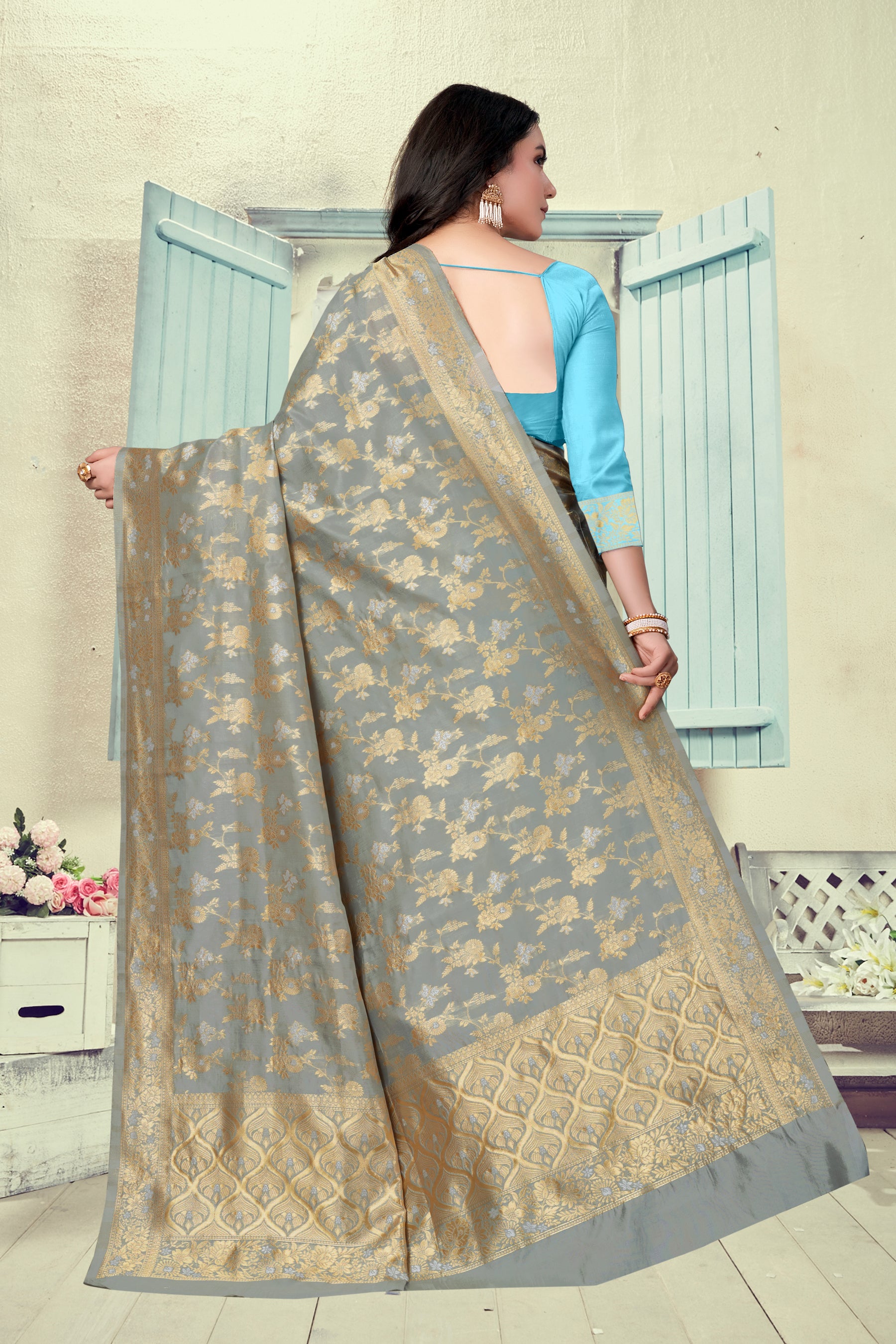 Vedant Vastram Litchi Silk Designer Banarasi Saree - Grey - Distacart