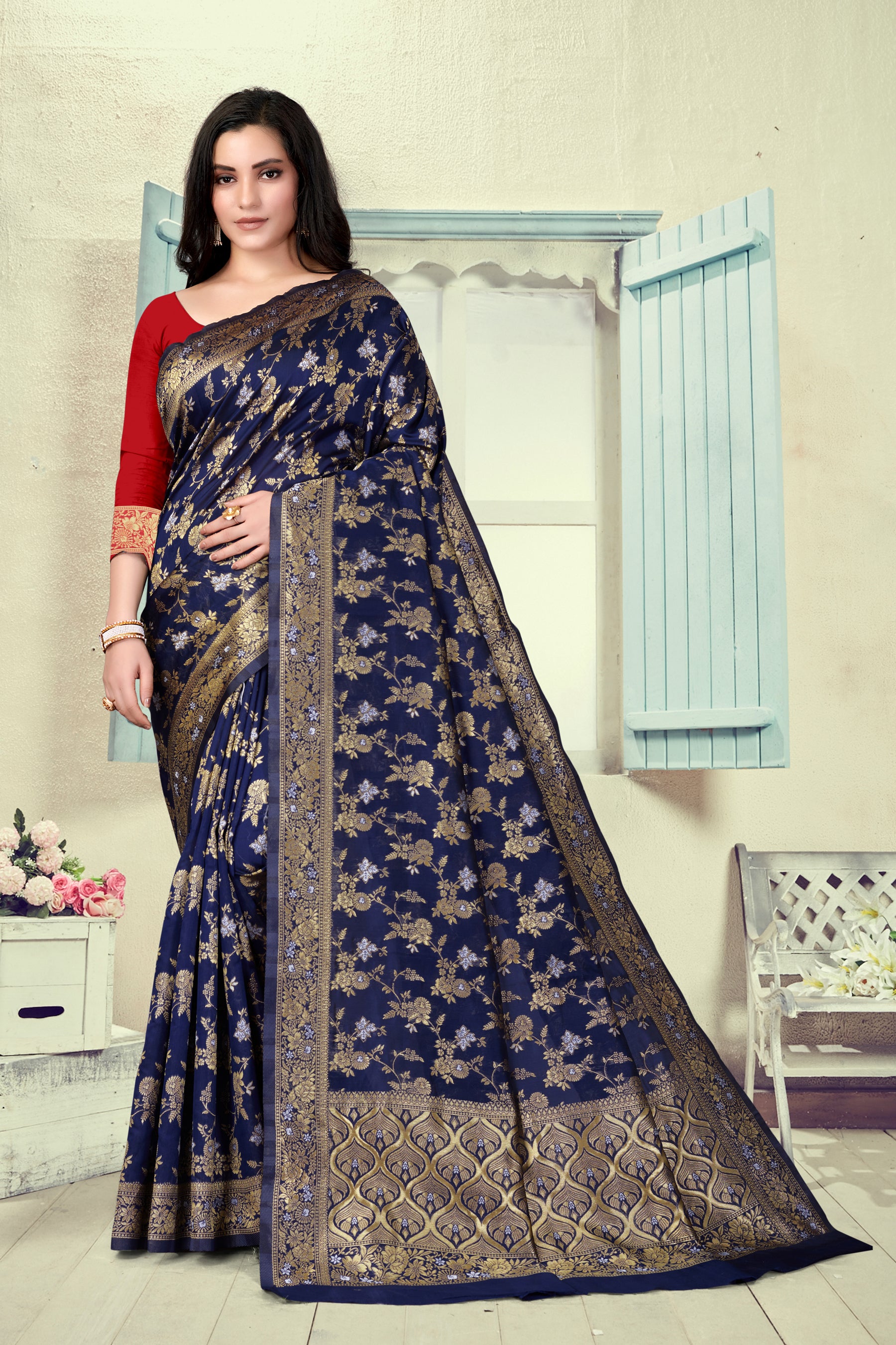 Vedant Vastram Litchi Silk Designer Banarasi Saree - Navy Blue - Distacart