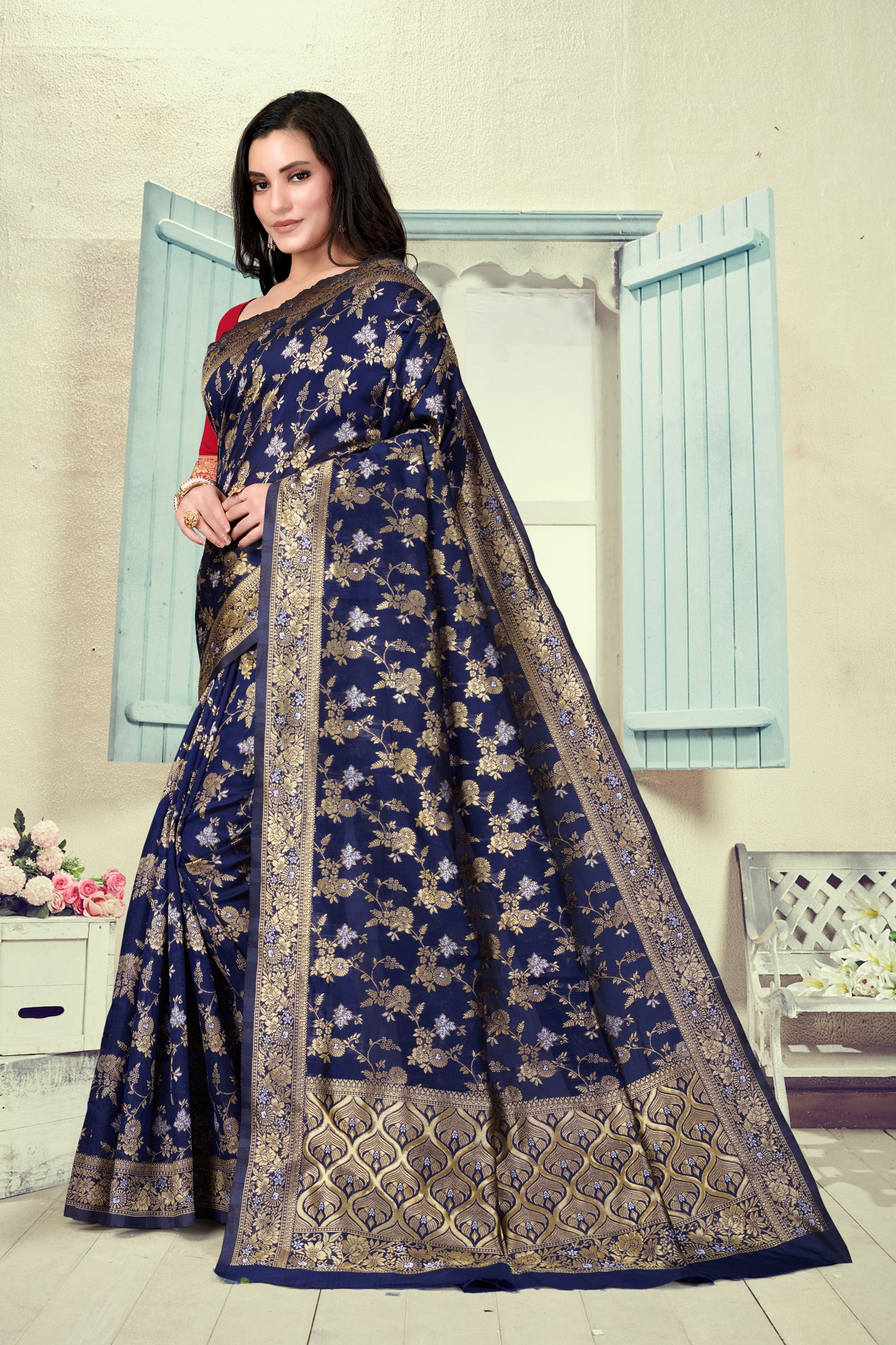 Vedant Vastram Litchi Silk Designer Banarasi Saree - Navy Blue - Distacart