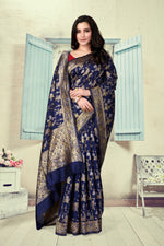 Thumbnail for Vedant Vastram Litchi Silk Designer Banarasi Saree - Navy Blue - Distacart
