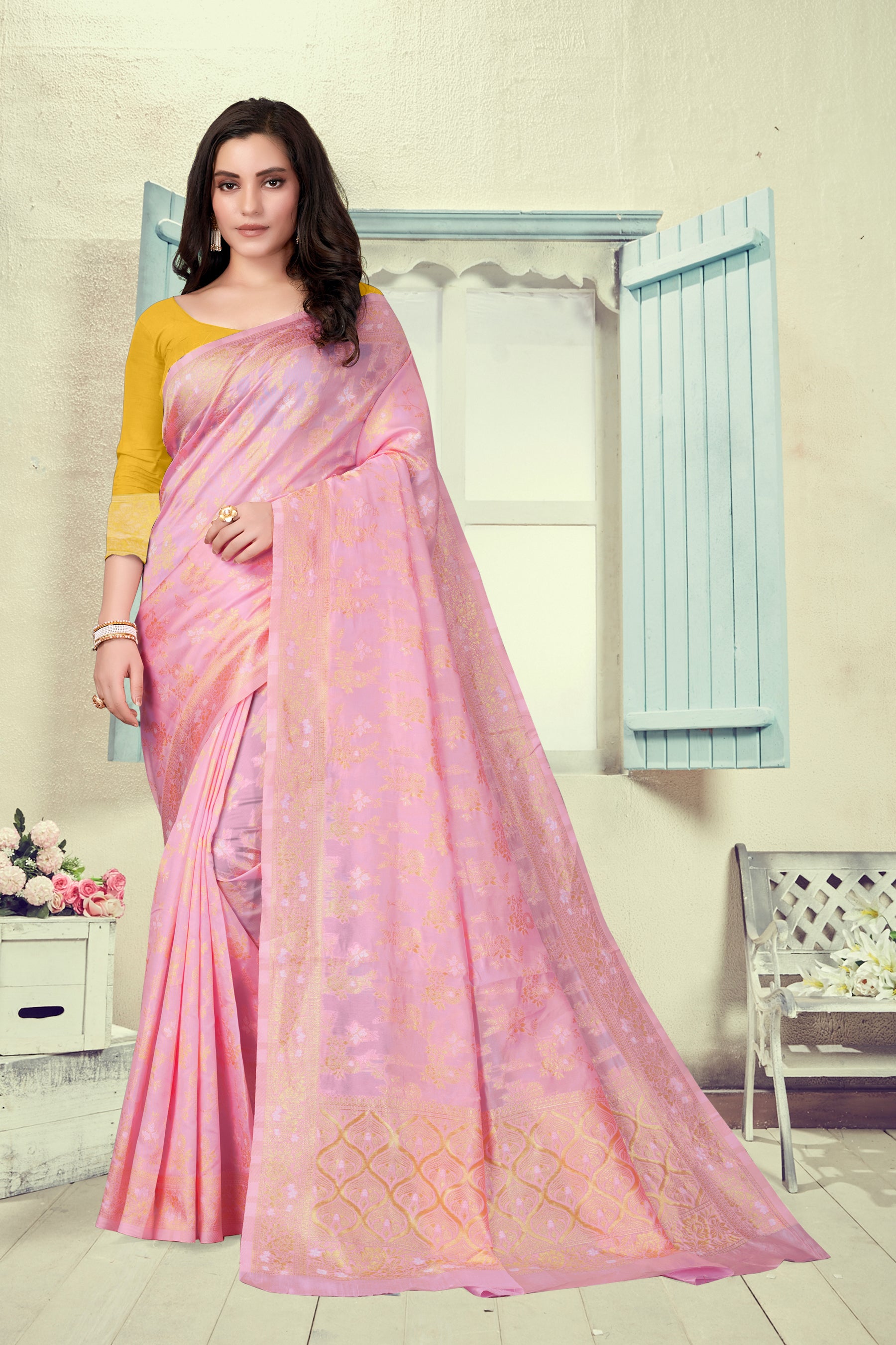 Vedant Vastram Litchi Silk Designer Banarasi Saree - Pink - Distacart