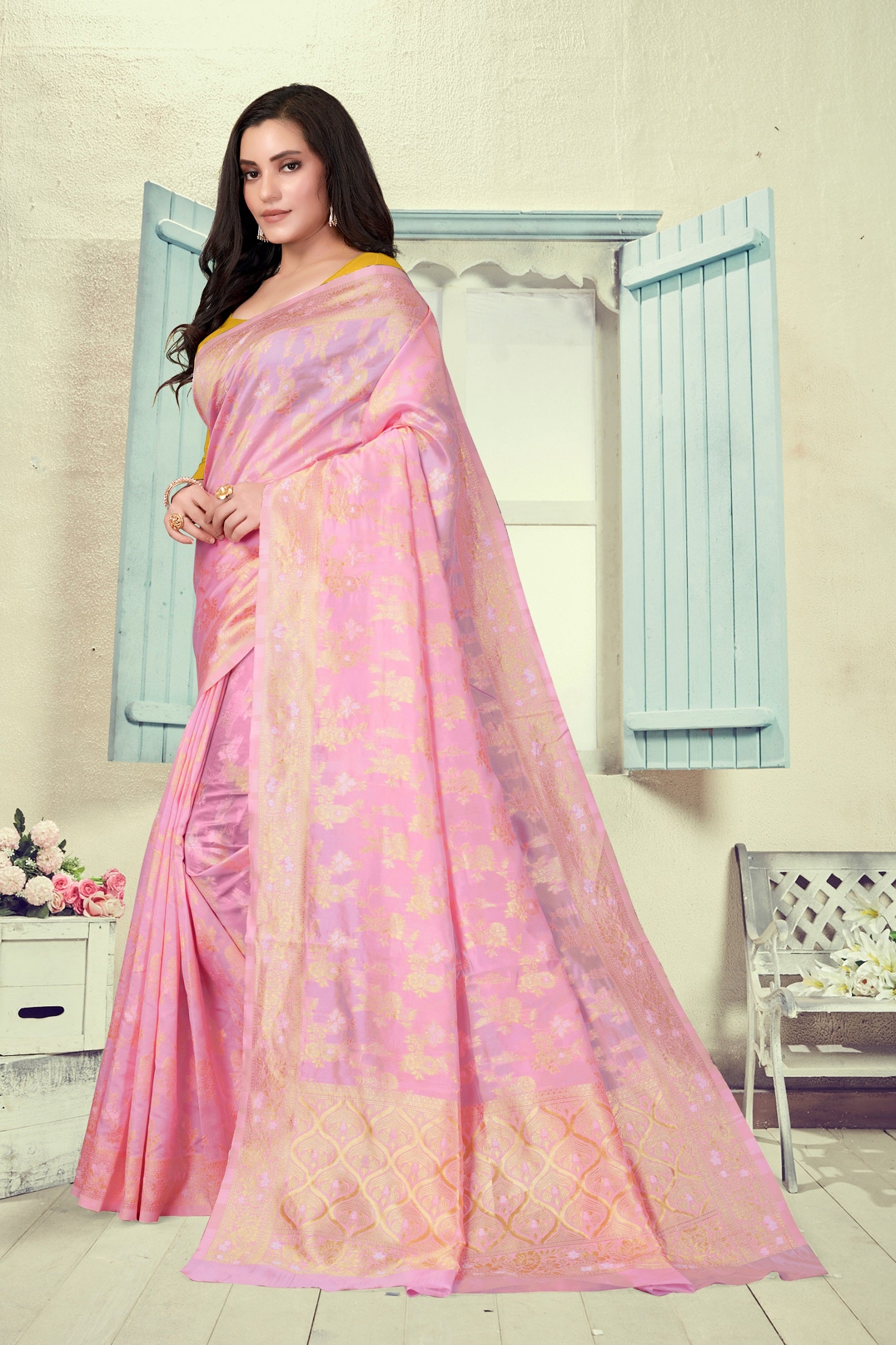 Vedant Vastram Litchi Silk Designer Banarasi Saree - Pink - Distacart