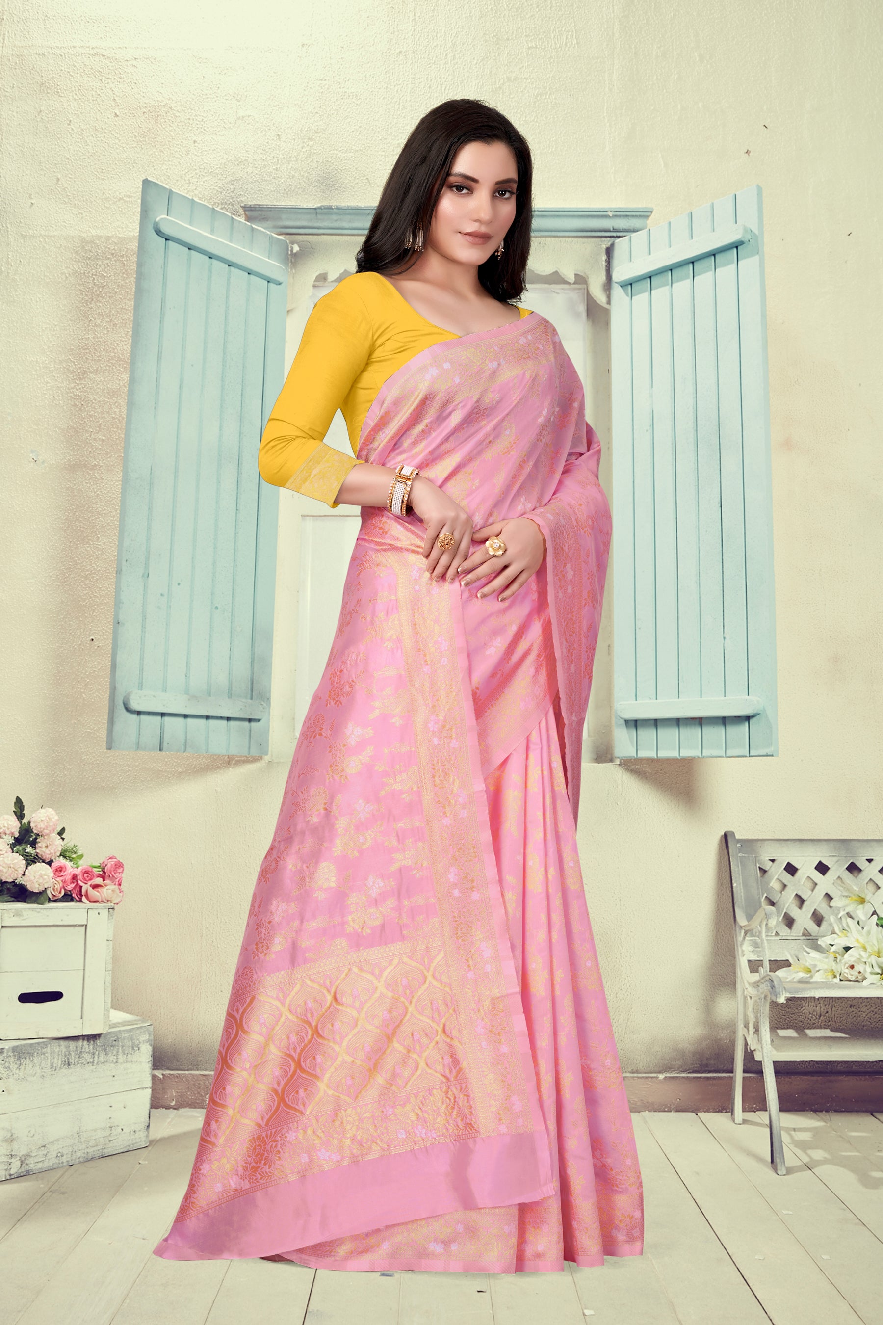 Vedant Vastram Litchi Silk Designer Banarasi Saree - Pink - Distacart