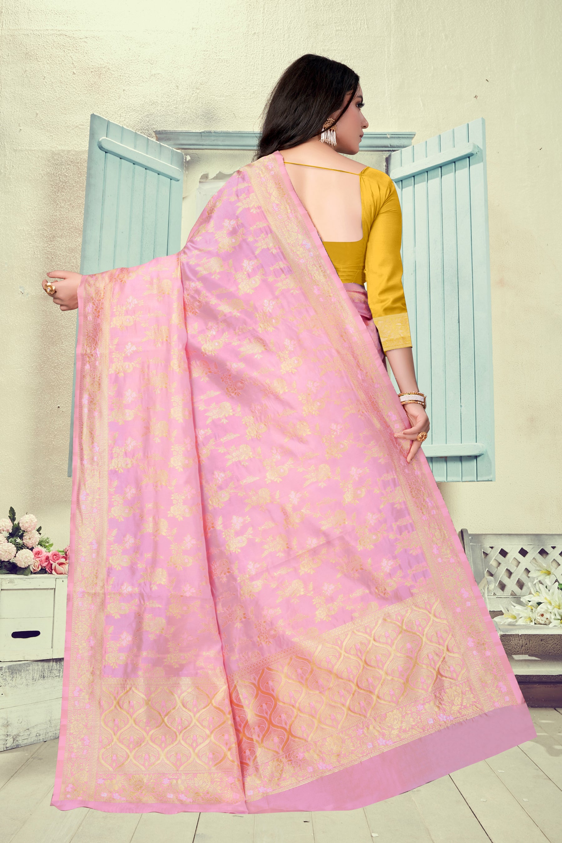 Vedant Vastram Litchi Silk Designer Banarasi Saree - Pink - Distacart