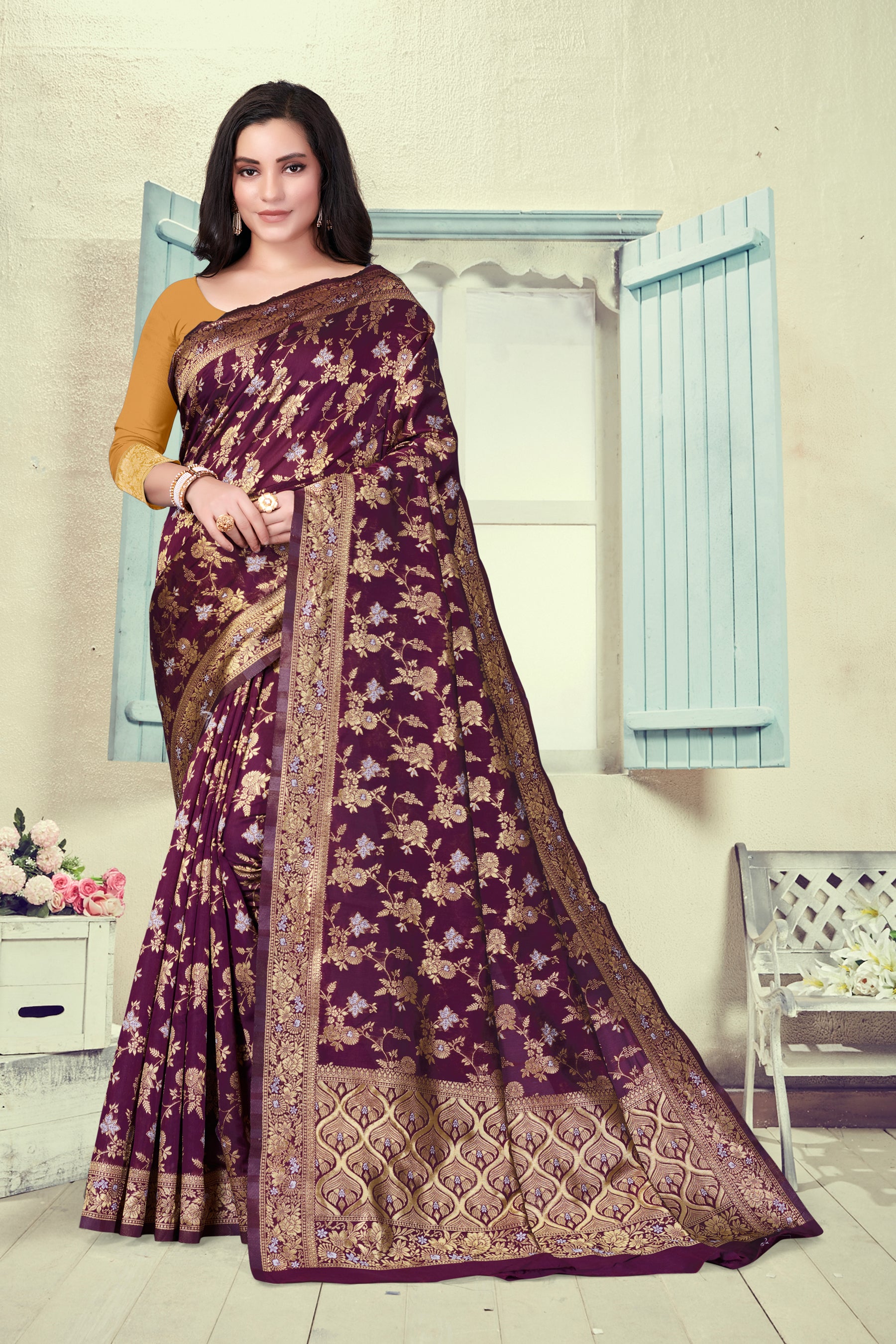 Vedant Vastram Litchi Silk Designer Banarasi Saree - Wine - Distacart