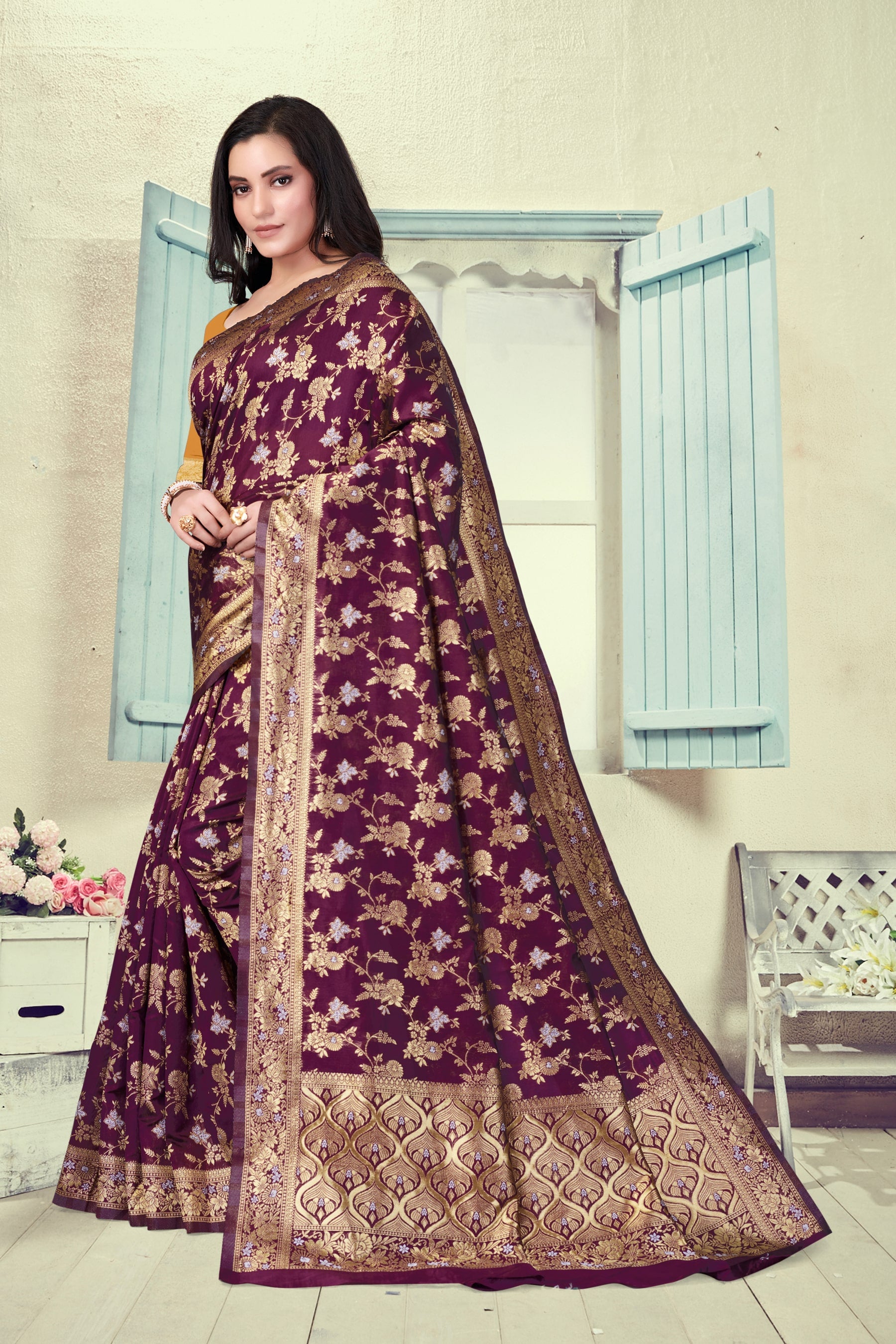 Vedant Vastram Litchi Silk Designer Banarasi Saree - Wine - Distacart