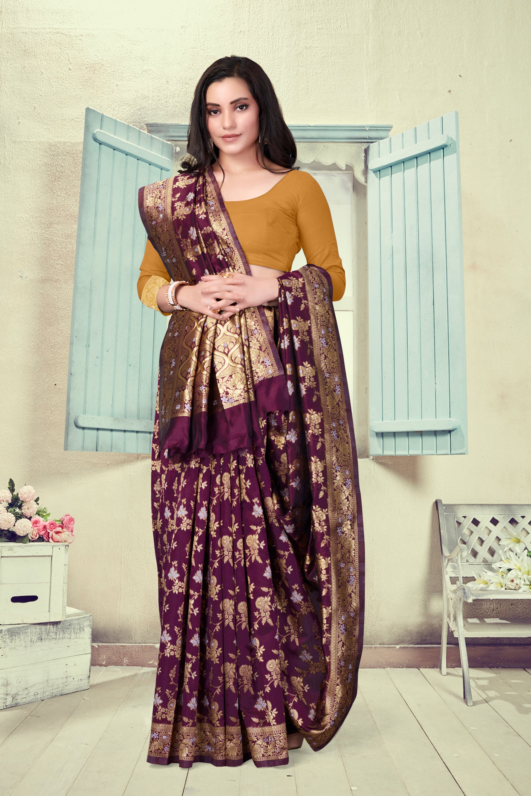 Vedant Vastram Litchi Silk Designer Banarasi Saree - Wine - Distacart