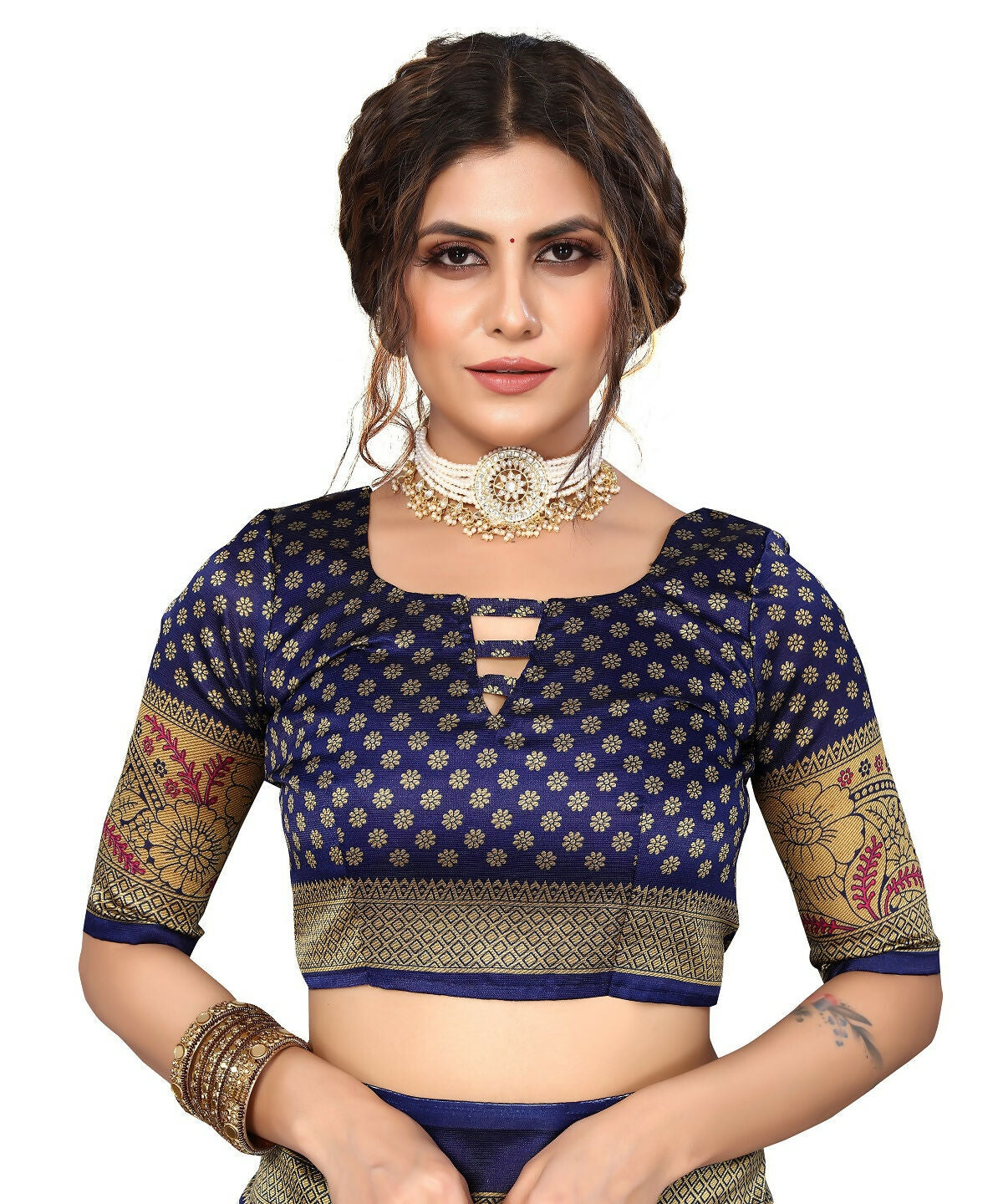 Vamika white & navy Printed Art Silk Saree - Distacart