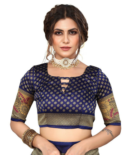 Vamika white & navy Printed Art Silk Saree - Distacart
