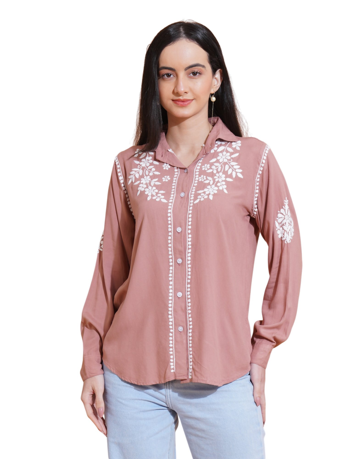 Pahnaz Modal Chikankari Handwork Shirt-Brown - Dista