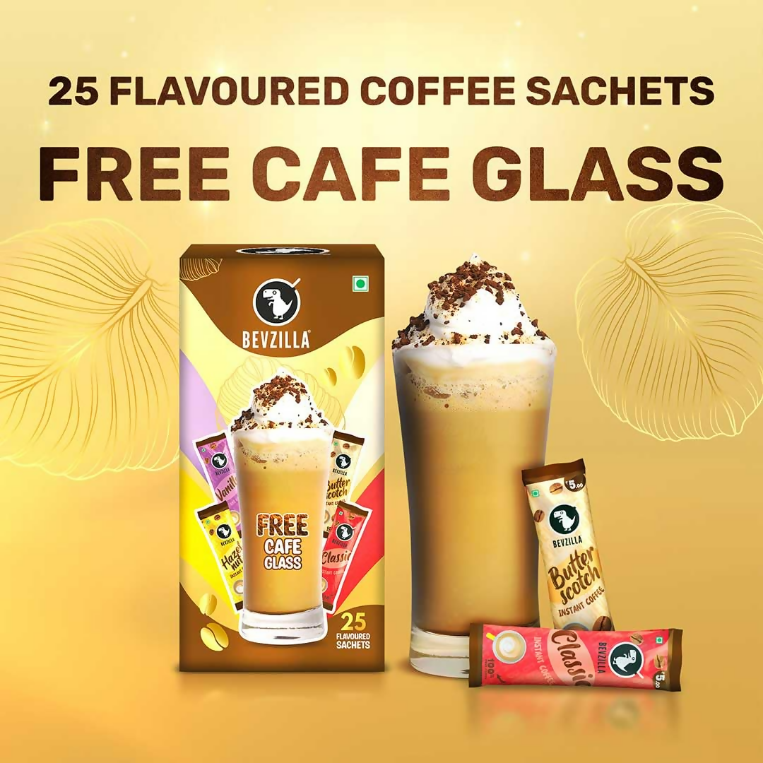 Bevzilla Premium Glass & 25 Flavoured Coffee Sachets