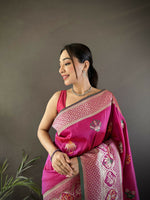 Thumbnail for Joban Fashion Pink Elephant & Floral Motifs Soft Lichi Silk Banarasi Saree - Distacart