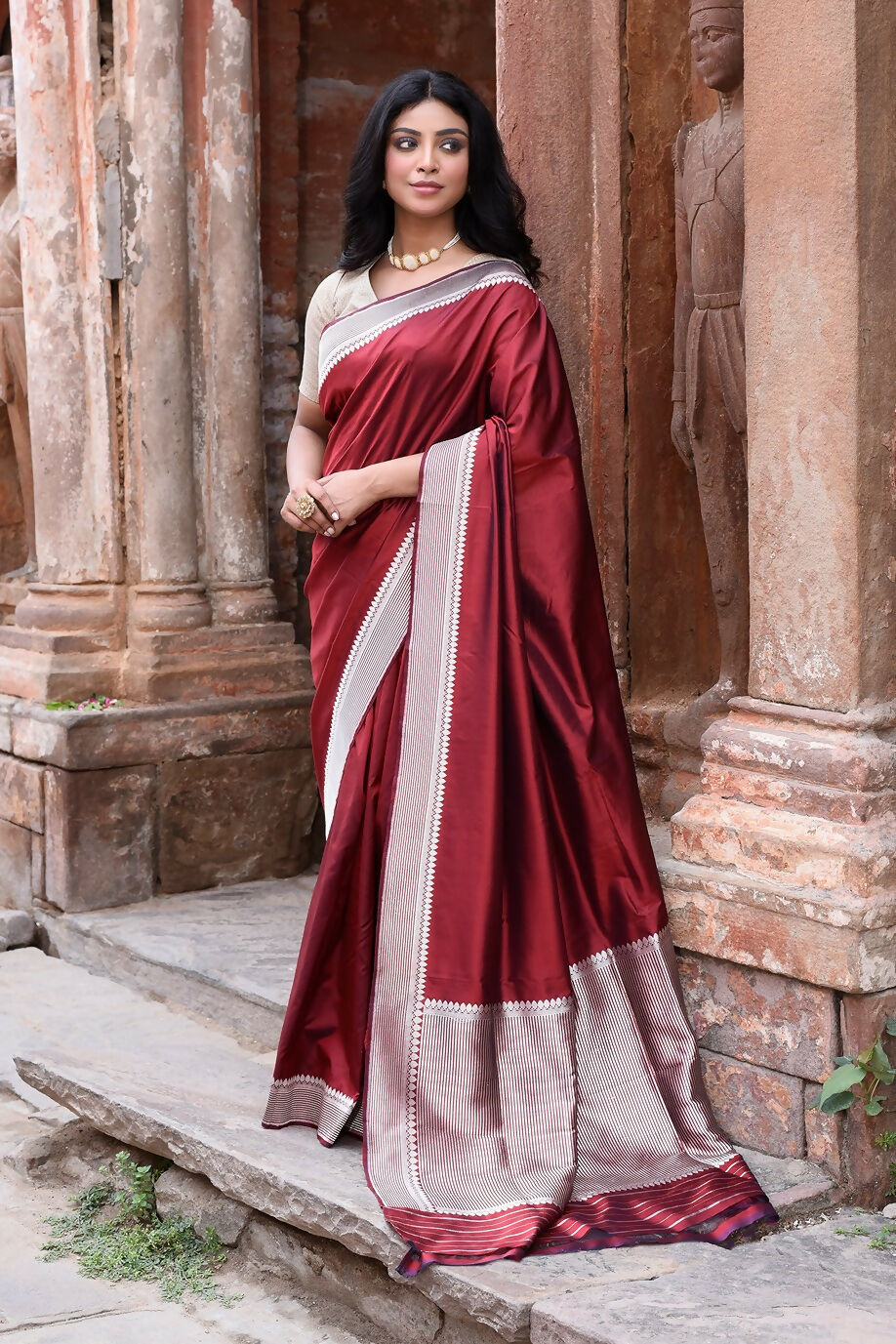 Joban Fashion Maroon Red Colour Banarasi Katan Pure Handloom Banarasi Silk Saree - Dista