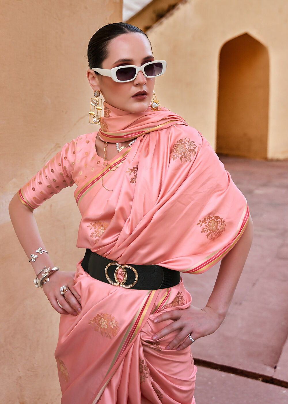 Sea Pink Pure Satin Zari Weaving Wedding Festive Saree - Emponline - Distacart