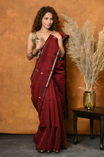Thumbnail for Very Much Indian Handloom Pure Cotton Silk Saree With Sleek Golden Border - Maroon - Distacart