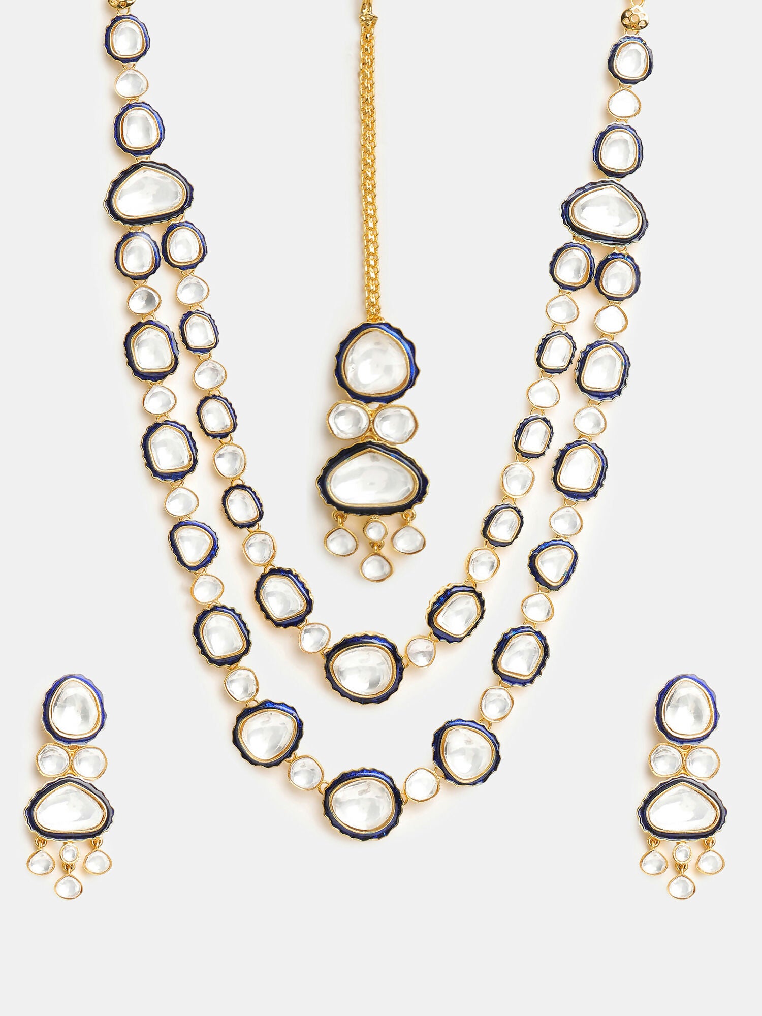 Ruby Raang 22k Gold Polished Blue Meenakari Kundan Layered Necklace With Earrings & Maang Tikka