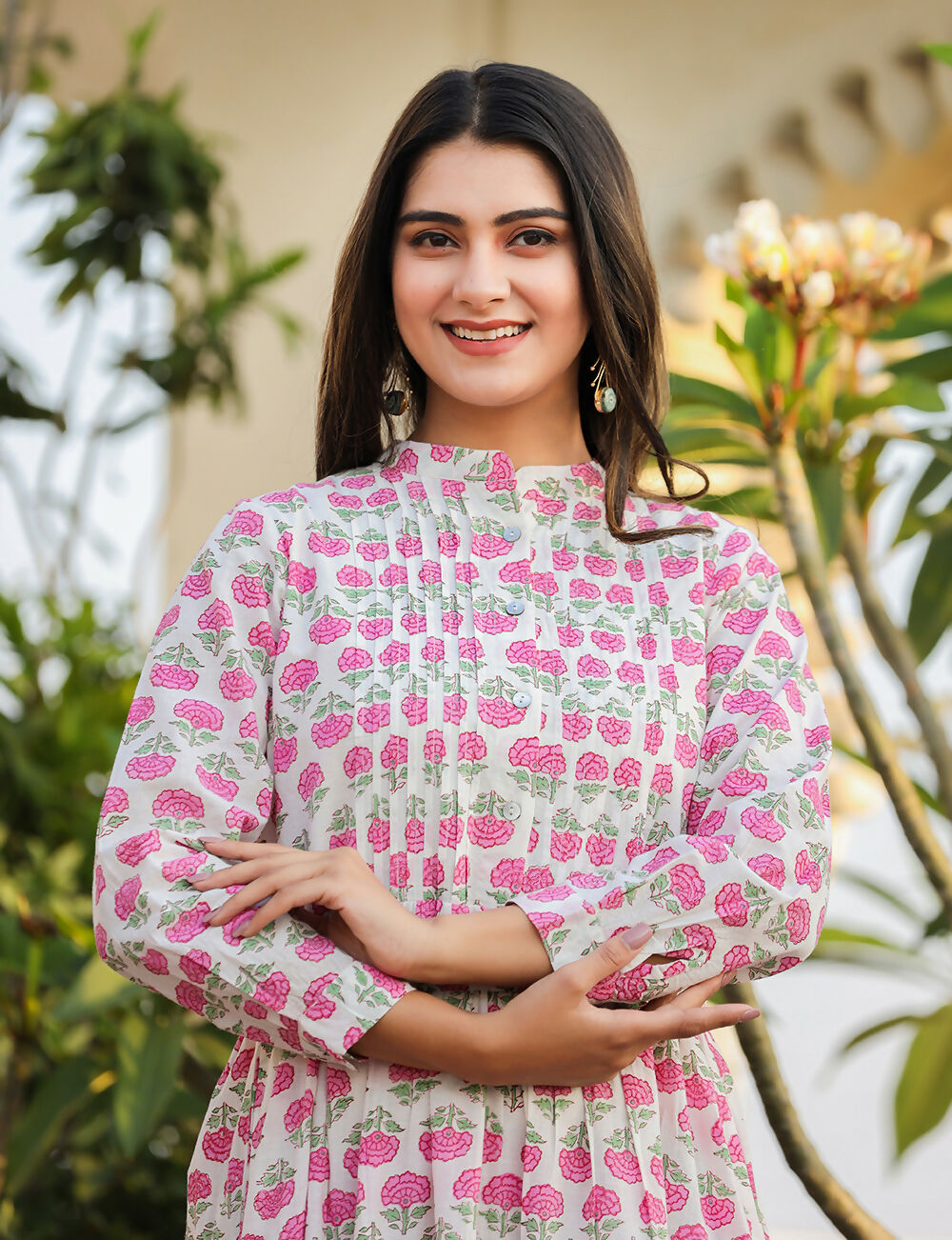 Kaajh Women's Pink Floral Print Cotton Handblock Dress - Distacart