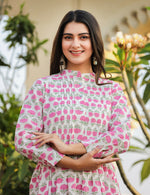 Thumbnail for Kaajh Women's Pink Floral Print Cotton Handblock Dress - Distacart