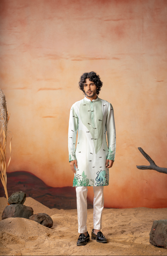 Oceanic Serenity Cotton Kurta by Hilo Design - Distacart