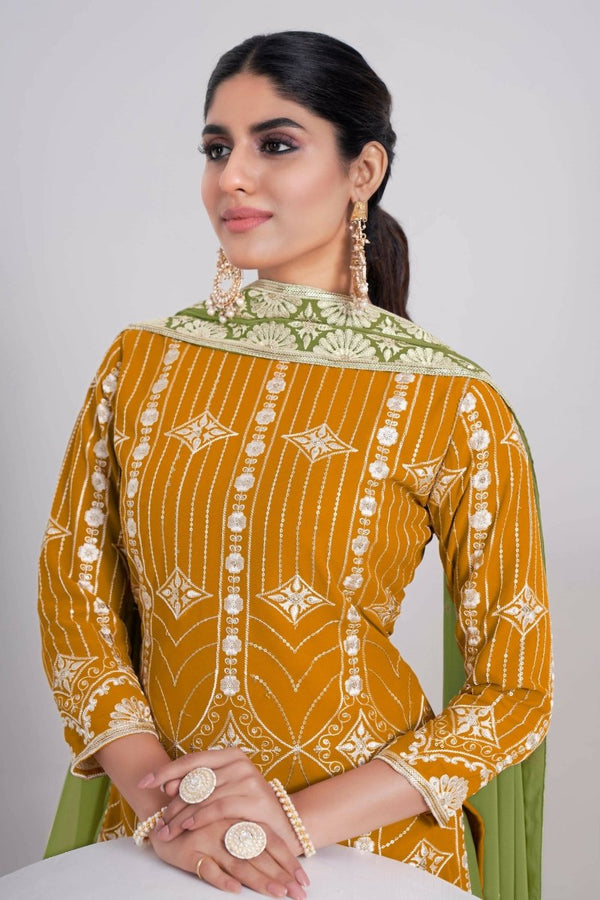 Aastha Fashion Women's Mustard Faux Georgette Thread & Sequins Embroidery Party Wear Sharara Sets - Distacart
