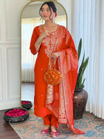 Thumbnail for The52 Rust Women's Gorgeous Roman Silk Fabric Straight Kurta, Pant and Dupatta Set - Distacart
