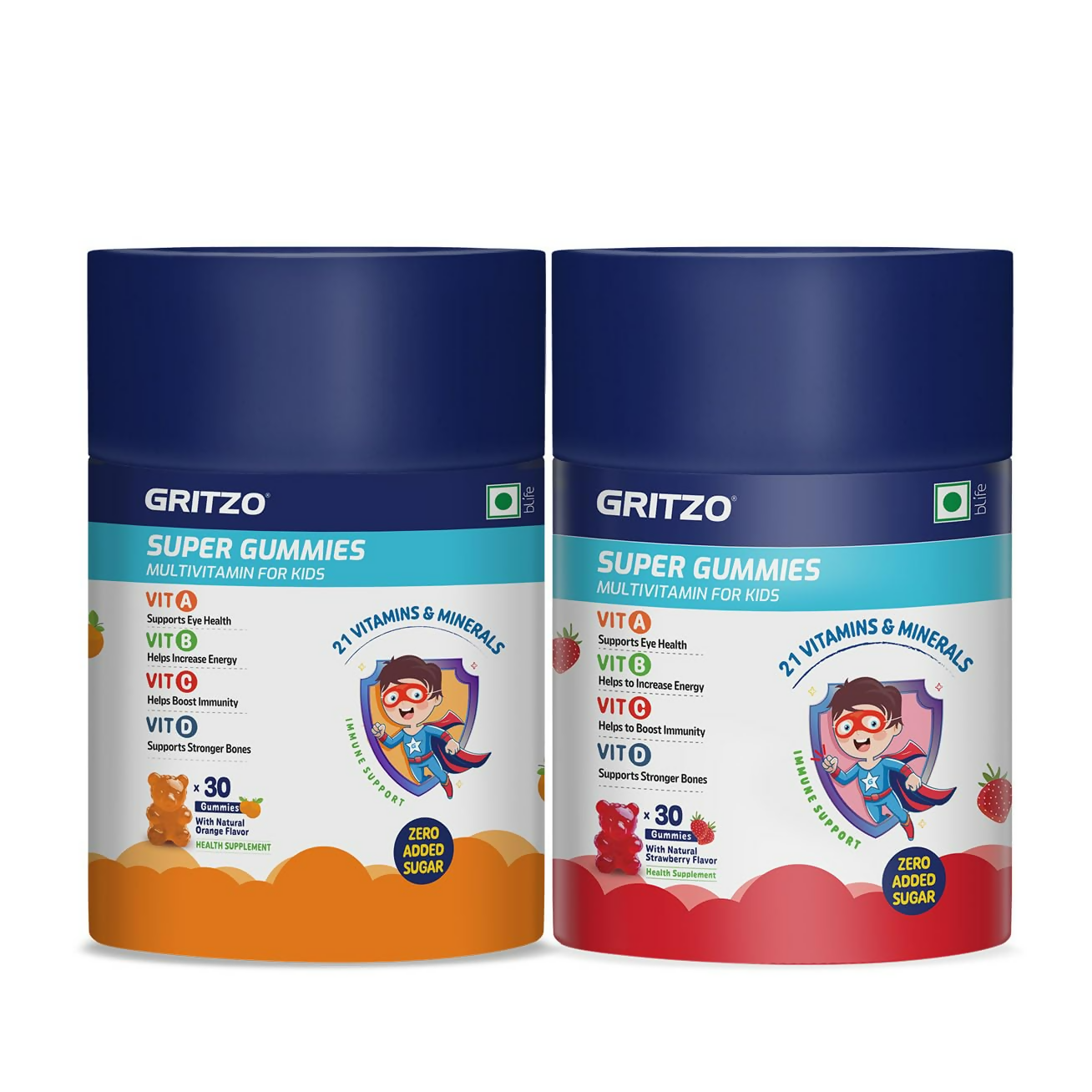 Gritzo Super Gummies, Multivitamin for Kids (Natural Strawberry & Natural Orange Flavours) - Distacart