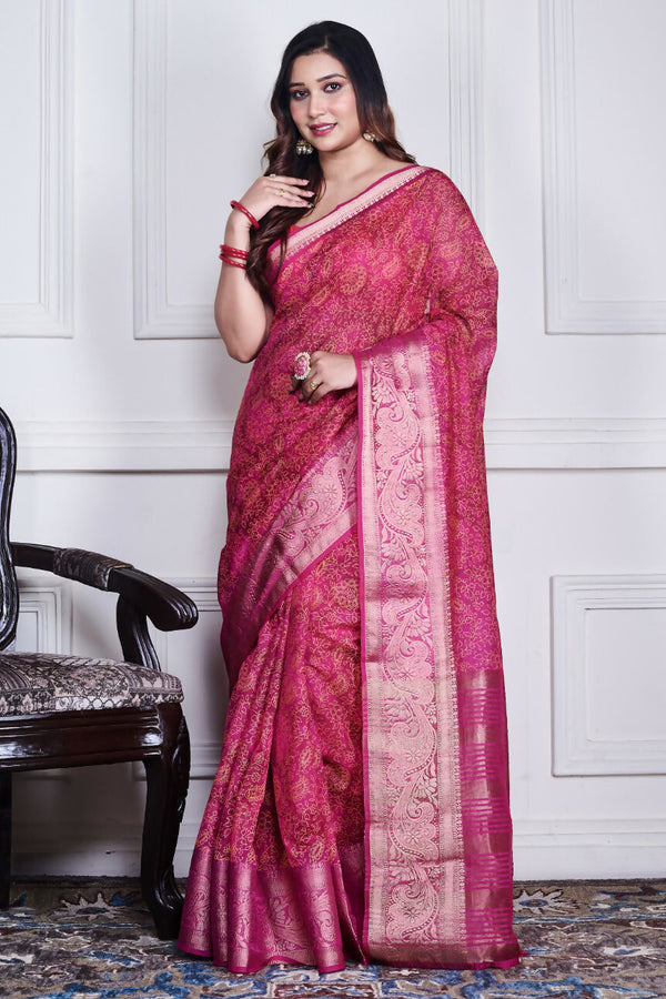 Morchari Pink Script Printed Orzanga Saree Unstitched Blouse