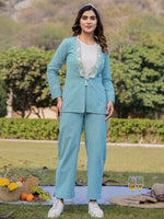 Thumbnail for Yufta Sea Green Printed Cotton Checks Co Ord Set With Embroidery