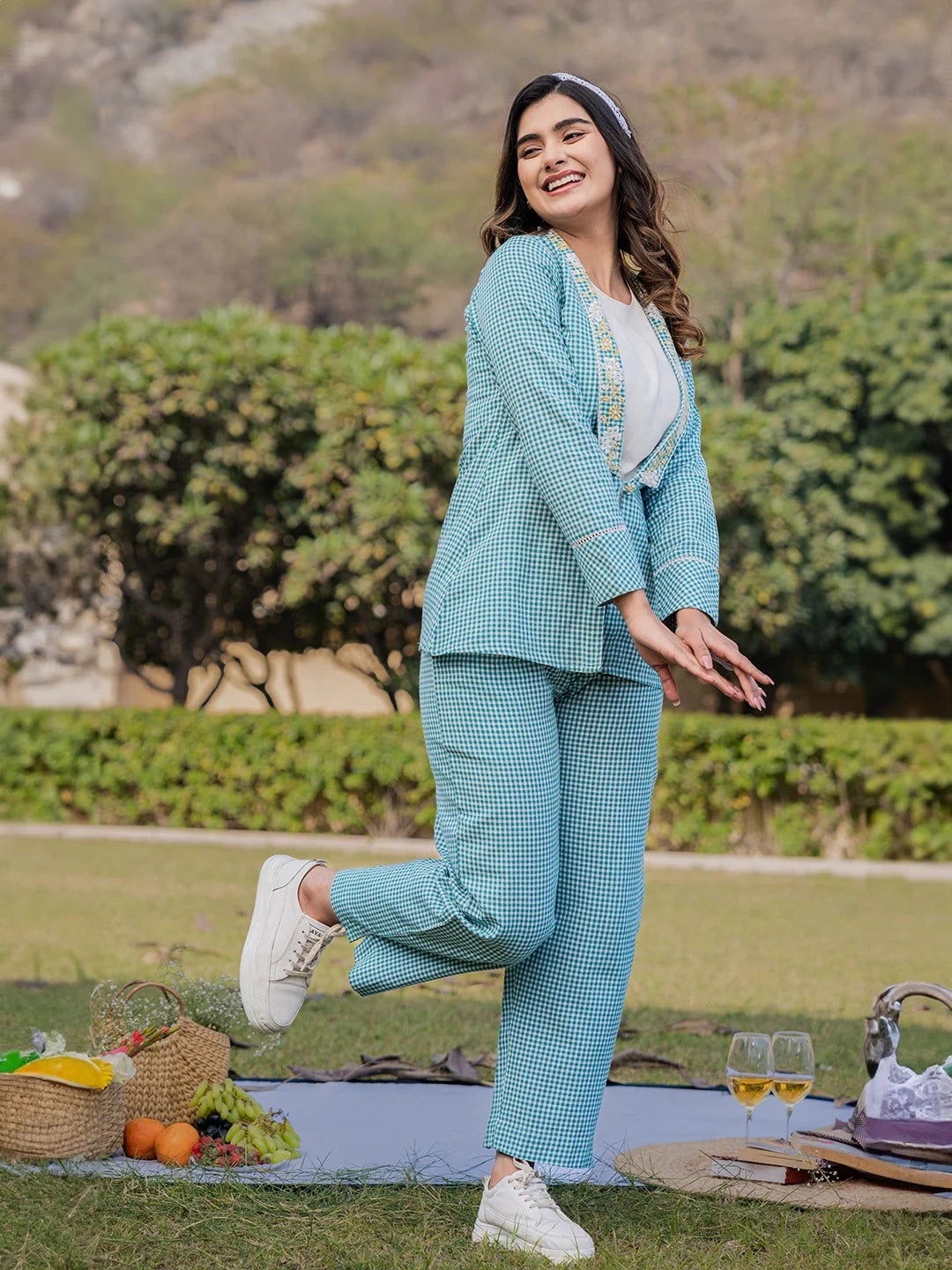 Yufta Sea Green Printed Cotton Checks Co Ord Set With Embroidery