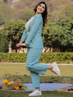 Thumbnail for Yufta Sea Green Printed Cotton Checks Co Ord Set With Embroidery