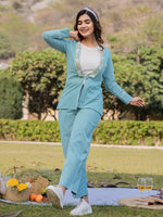 Thumbnail for Yufta Sea Green Printed Cotton Checks Co Ord Set With Embroidery