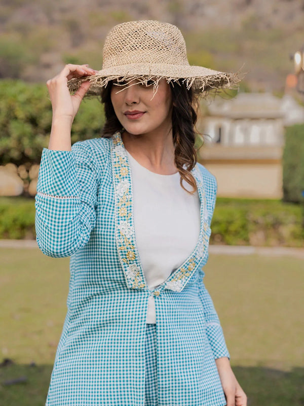Yufta Sea Green Printed Cotton Checks Co Ord Set With Embroidery