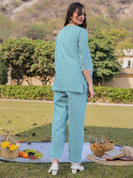 Thumbnail for Yufta Sea Green Cotton Checks Printed Co Ord Set With Embroidery