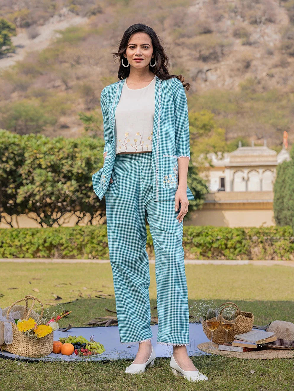 Yufta Sea Green Cotton Checks Printed Co Ord Set With Embroidery