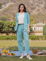 Thumbnail for Yufta Sea Green Cotton Checks Printed Co Ord Set With Embroidery
