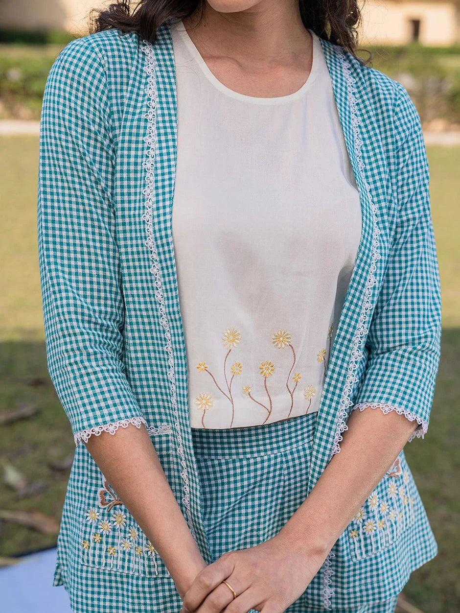 Yufta Sea Green Cotton Checks Printed Co Ord Set With Embroidery