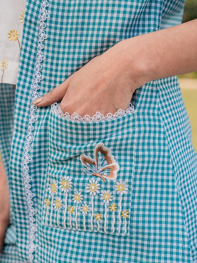 Yufta Sea Green Cotton Checks Printed Co Ord Set With Embroidery