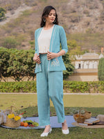Thumbnail for Yufta Sea Green Cotton Checks Printed Co Ord Set With Embroidery