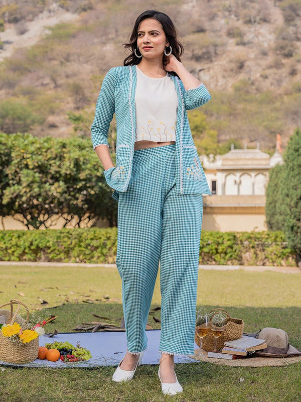 Yufta Sea Green Cotton Checks Printed Co Ord Set With Embroidery