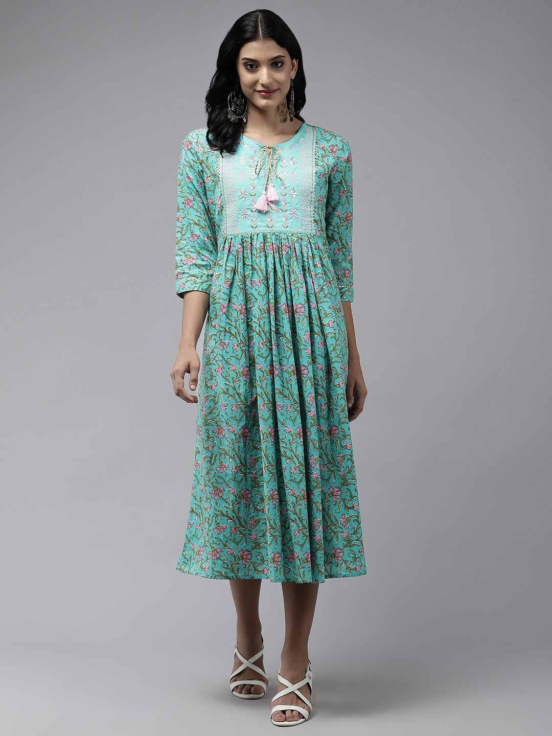 Yufta Sea Green Embroidered Midi Dress - Distacart