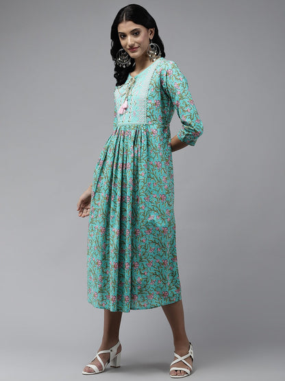 Yufta Sea Green Embroidered Midi Dress - Distacart