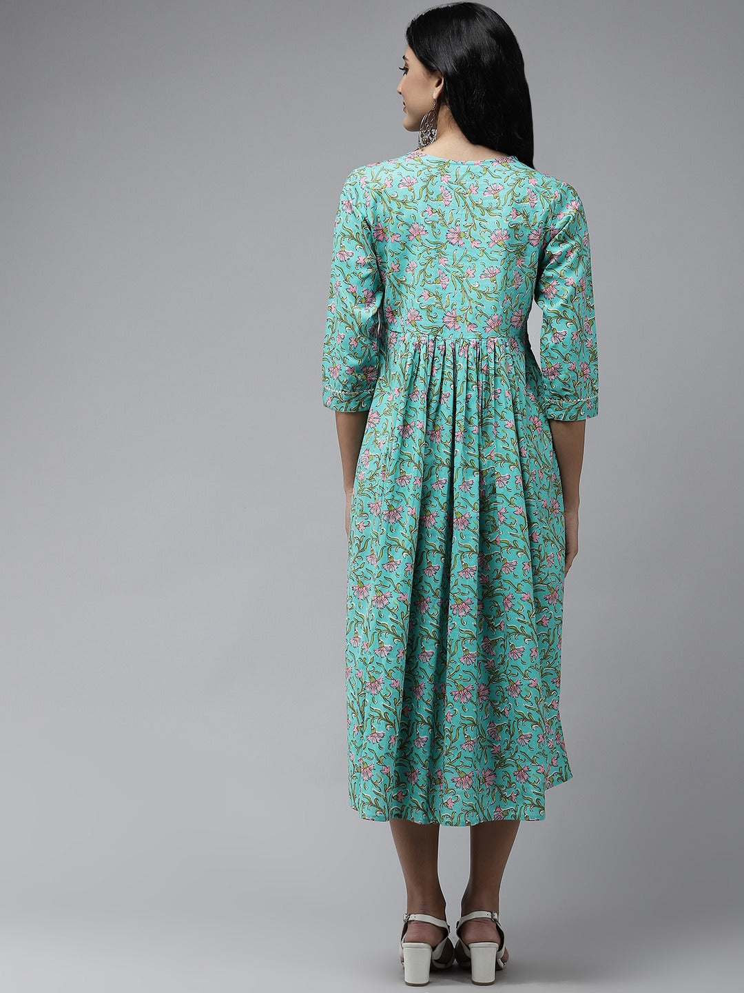 Yufta Sea Green Embroidered Midi Dress - Distacart