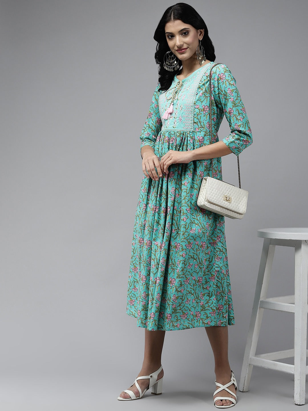 Yufta Sea Green Embroidered Midi Dress - Distacart
