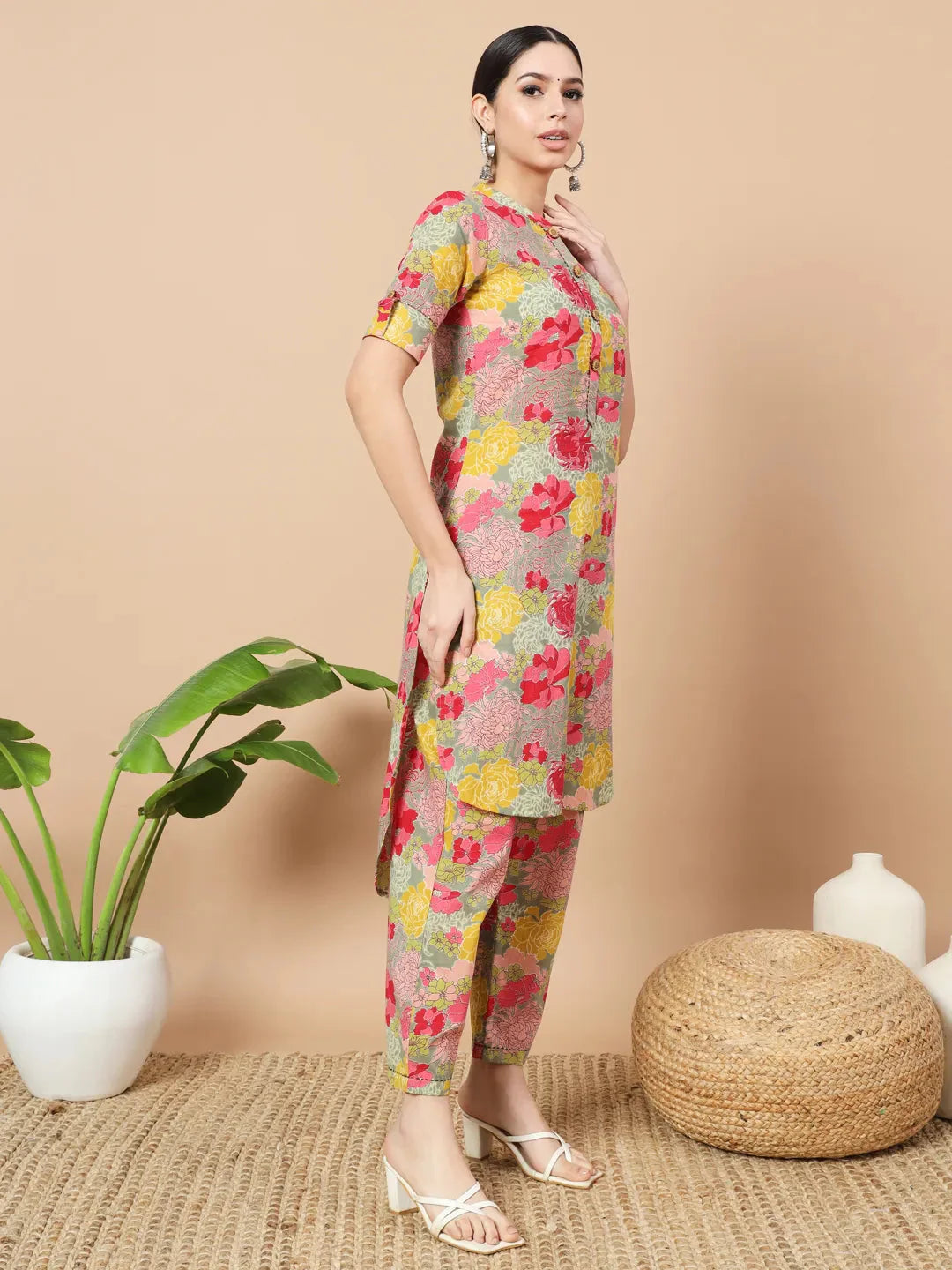 Yufta Sea Green Floral Printed Cotton Yoke Co-Ord Set - Distacart
