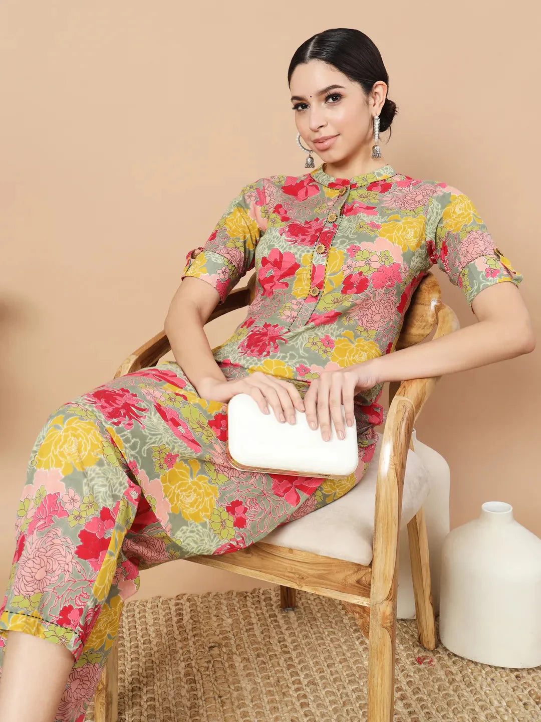 Yufta Sea Green Floral Printed Cotton Yoke Co-Ord Set