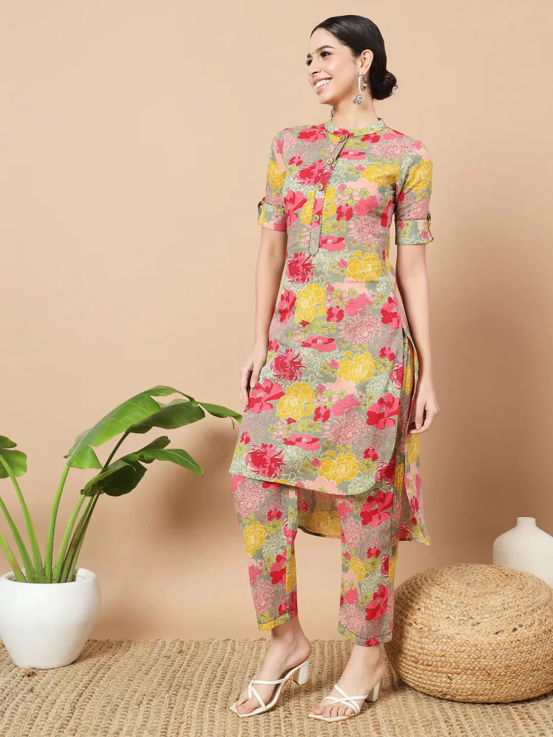 Yufta Sea Green Floral Printed Cotton Yoke Co-Ord Set