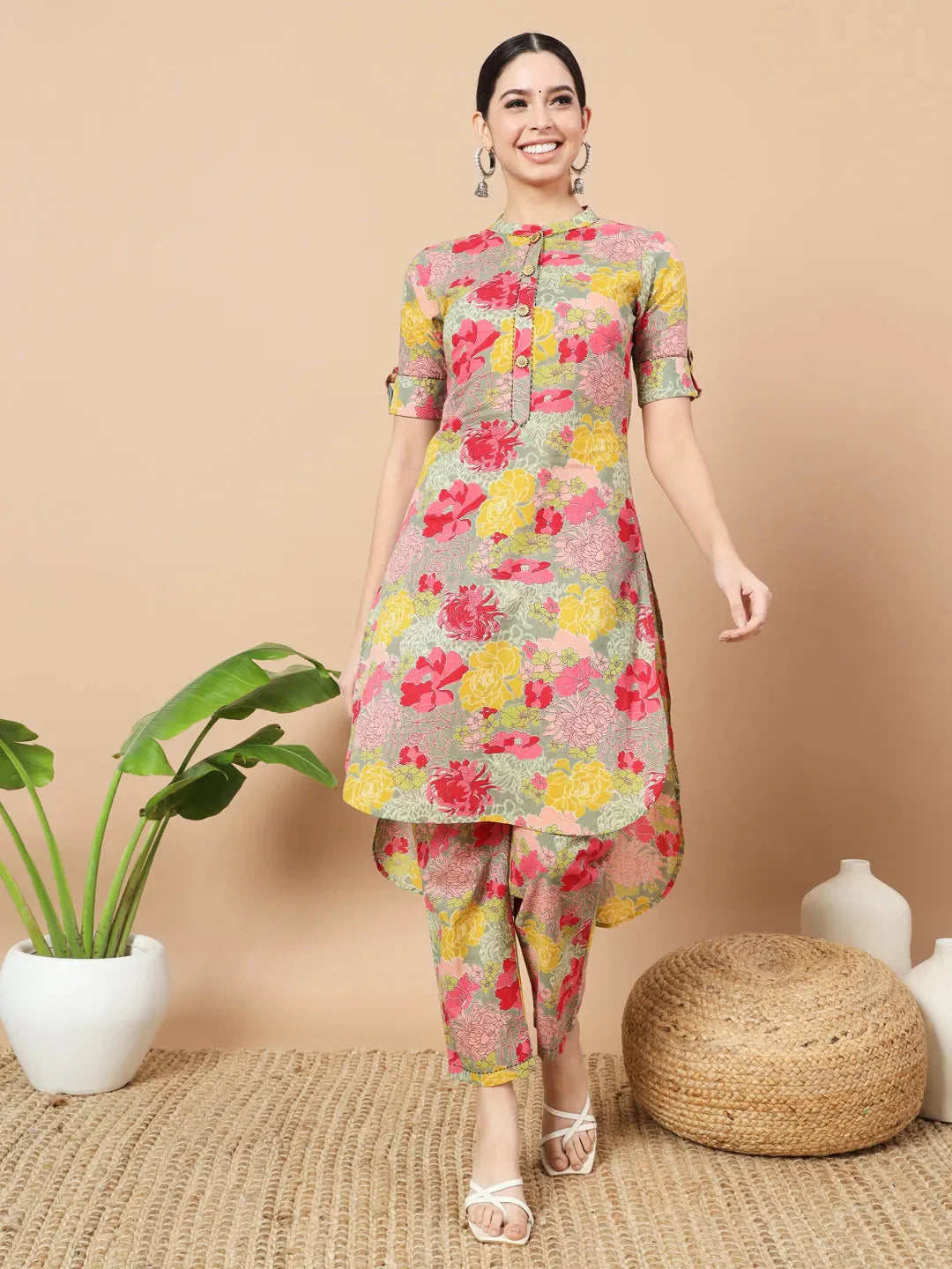 Yufta Sea Green Floral Printed Cotton Yoke Co-Ord Set - Distacart